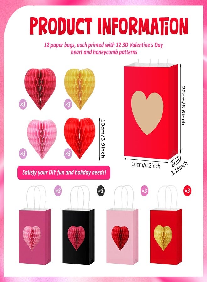 Eaasty 12 Pcs Valentine's Day Gift Bags with 3D Heart Honeycomb Large Galentines Gift Bag with Handle Colorful Kraft Paper Bags Heart Goodie Candy Tote for Valentines Wedding Party Favors Supplies - Image 3