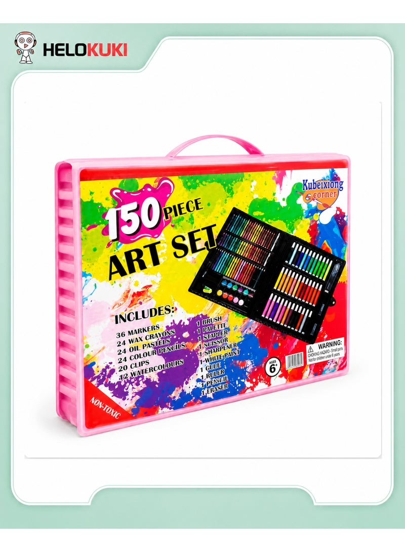 Helo Kuki 150 Piece Kids Art Set With Pink Portable Carry Case, Color Pencils, Markers, Crayons, Watercolors & Art Accessories, Non-Toxic Drawing & Coloring Kit For Ages 6+ - Image 1