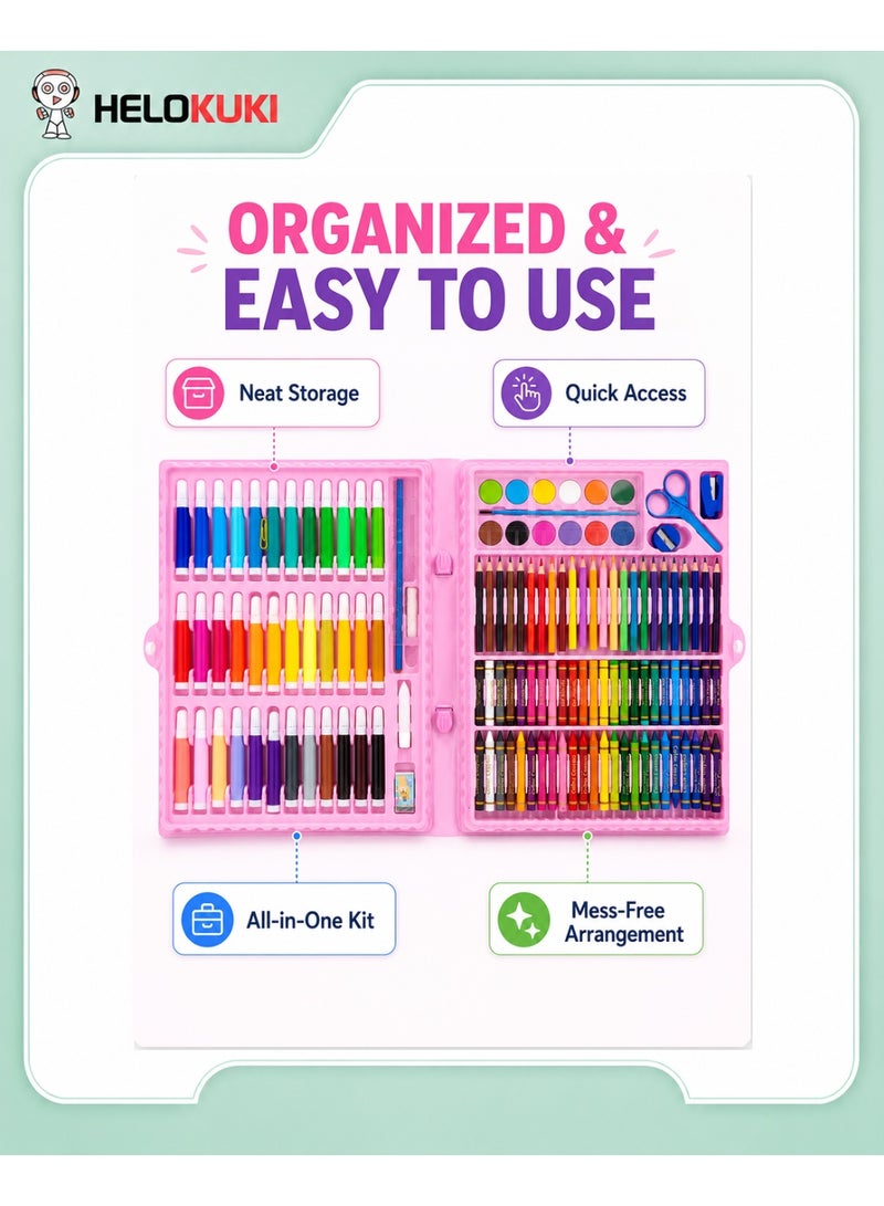 Helo Kuki 150 Piece Kids Art Set With Pink Portable Carry Case, Color Pencils, Markers, Crayons, Watercolors & Art Accessories, Non-Toxic Drawing & Coloring Kit For Ages 6+ - Image 5