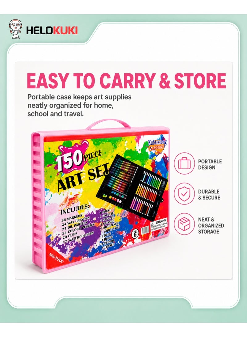 Helo Kuki 150 Piece Kids Art Set With Pink Portable Carry Case, Color Pencils, Markers, Crayons, Watercolors & Art Accessories, Non-Toxic Drawing & Coloring Kit For Ages 6+ - Image 4