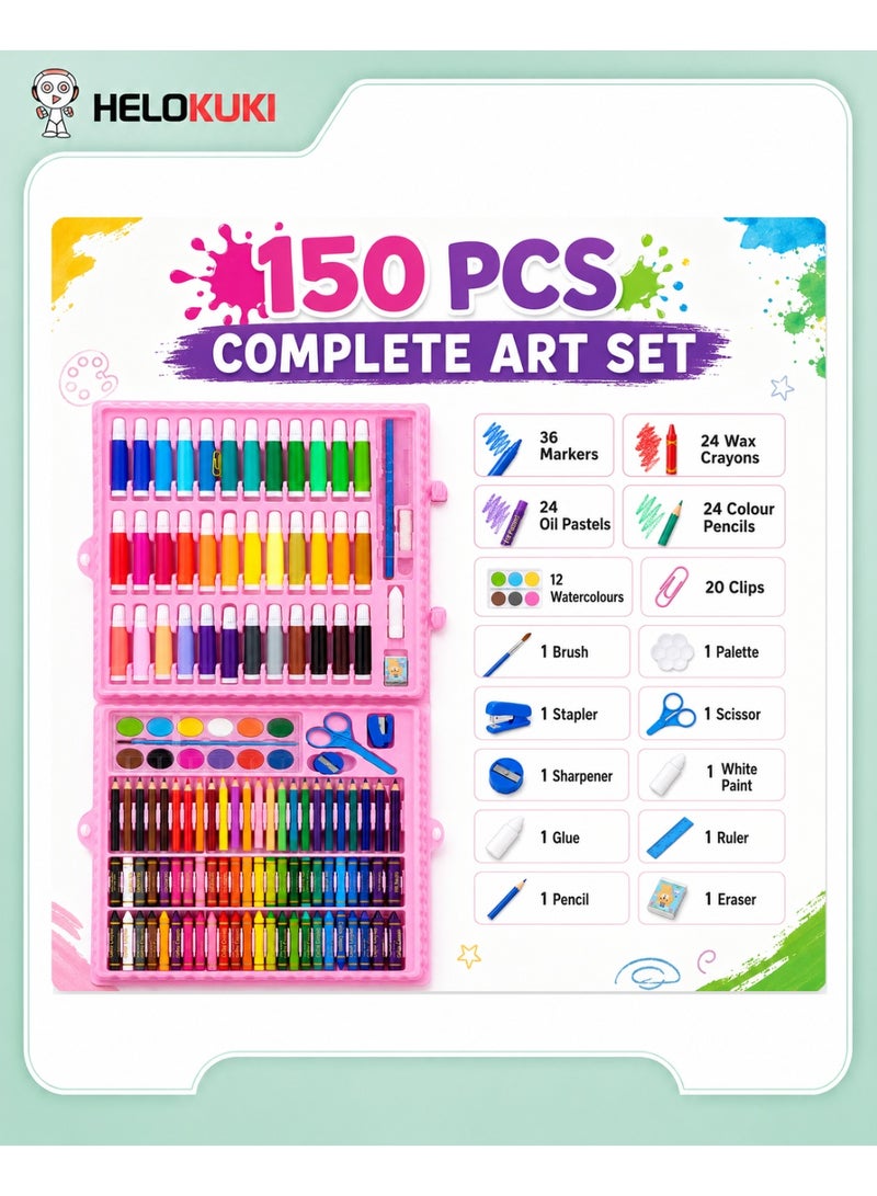 Helo Kuki 150 Piece Kids Art Set With Pink Portable Carry Case, Color Pencils, Markers, Crayons, Watercolors & Art Accessories, Non-Toxic Drawing & Coloring Kit For Ages 6+ - Image 3