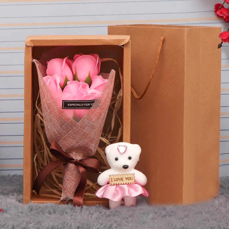 TIED RIBBONS TIED RIBBONS Valentine Gift for Girlfriend Wife Girls Artificial Rose Flowers Bouquet with Teddy and Carry Bag Valentines Day Gift  - Image 1