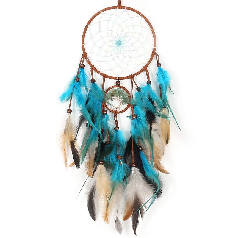 TEESHLY TEESHLY Dream Catchers with Tree of Life and Teal Feather Indian Handmade Dreamcatchers for Boho Wall Hanging Decoration Ornament Festival Gift Green Tree of Life 