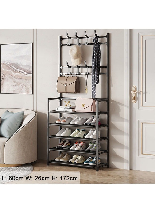 رف أحذية من 5 طبقات ، رف أحذية وقبعات 3 في واحد ، سعة كبيرة مع خطاف ، أنبوب فولاذي سميك ، رف معاطف منزلي ، رف أحذية وقبعات متعدد الوظائف للشرفة ، 60 * 26 * 172 سم - Image 2