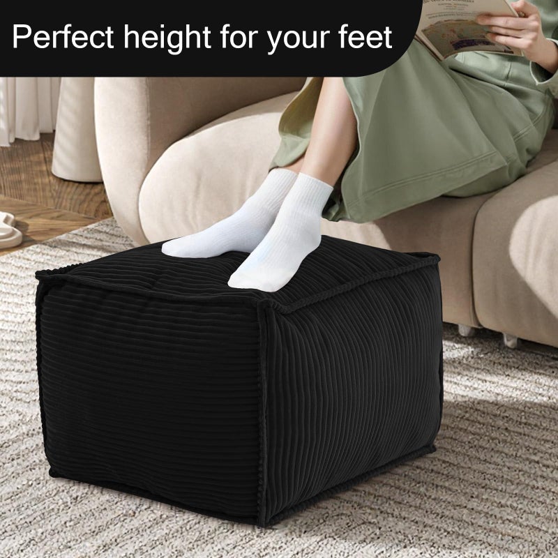 MeMoreCool Stuffed Pouf Ottoman Foot Rest Square, Corduroy Floor Pouf Foot Stool with Foam Chunk Filling, Soft Stuffed Ottoman Footrest for Living Room, Black - Image 4