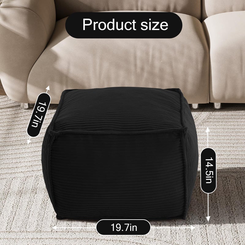 MeMoreCool Stuffed Pouf Ottoman Foot Rest Square, Corduroy Floor Pouf Foot Stool with Foam Chunk Filling, Soft Stuffed Ottoman Footrest for Living Room, Black - Image 3