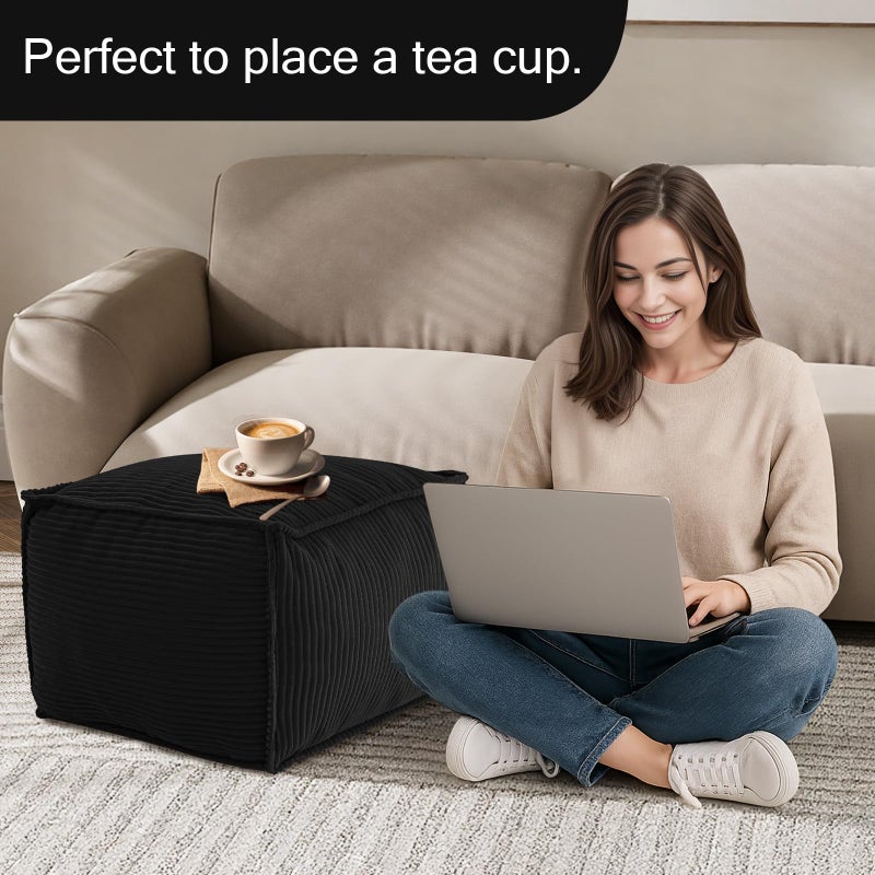 MeMoreCool Stuffed Pouf Ottoman Foot Rest Square, Corduroy Floor Pouf Foot Stool with Foam Chunk Filling, Soft Stuffed Ottoman Footrest for Living Room, Black - Image 5