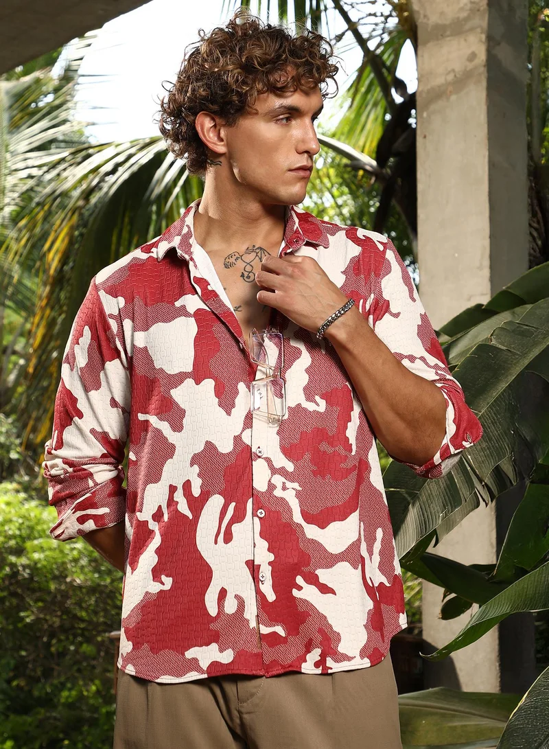 Campus Sutra Men's Scarlet Red Camou-Tactile Shirt