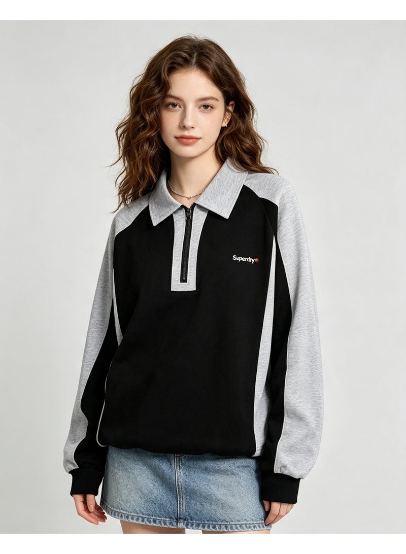 سوبر دراي Superdry Contrasting color raglan long sleeve men's and women's color matching lapel half zipper Polo shirt - Image 2