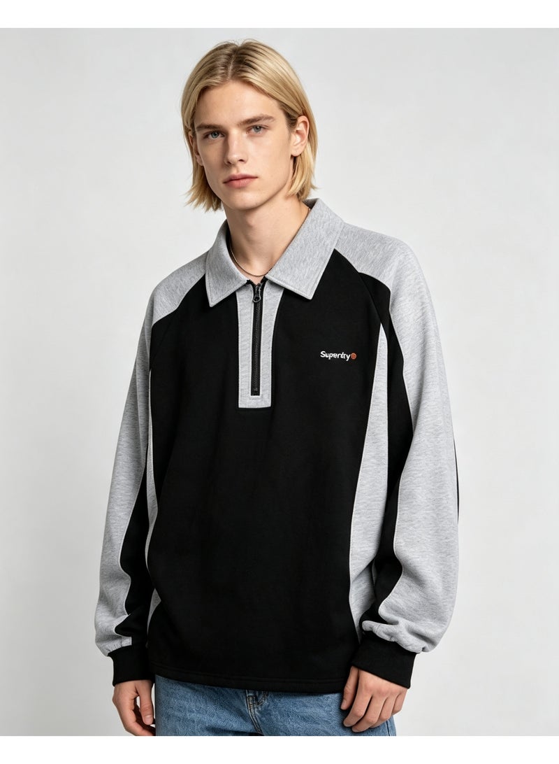 سوبر دراي Superdry Contrasting color raglan long sleeve men's and women's color matching lapel half zipper Polo shirt - Image 3