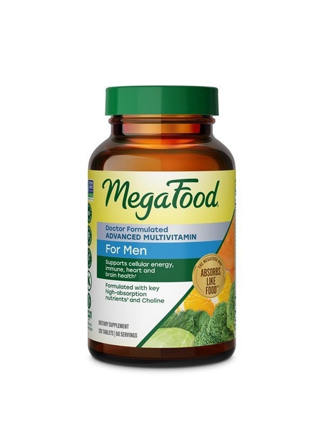 MegaFood Advanced Multivitamin for Men, Doctor Formulated, 120 Tablets,Immune Support, Cellular Energy, Heart & Brain Health, Choline, Methylfolate, Vitamin C, D3, Zinc, Vegetarian, 60 Servings - Image 1