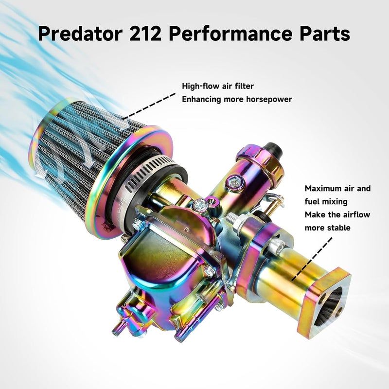 FVRITO VM22 Carburetor Carb Jet Kit for Predator 212cc 196cc Coleman CT200U BT200X Mini Bike KT196 Go Kart Baja MB165 MB200 GX160 Clone Engine with Air Filter Intake Manifold Performance Parts Rainbow - Image 3