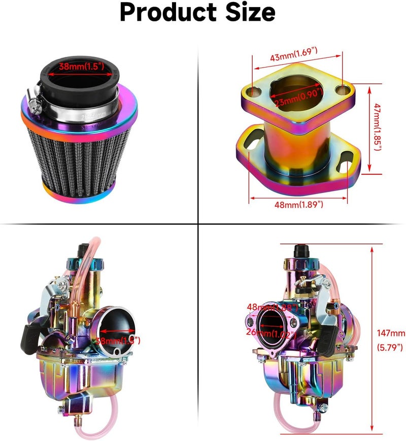 FVRITO VM22 Carburetor Carb Jet Kit for Predator 212cc 196cc Coleman CT200U BT200X Mini Bike KT196 Go Kart Baja MB165 MB200 GX160 Clone Engine with Air Filter Intake Manifold Performance Parts Rainbow - Image 4