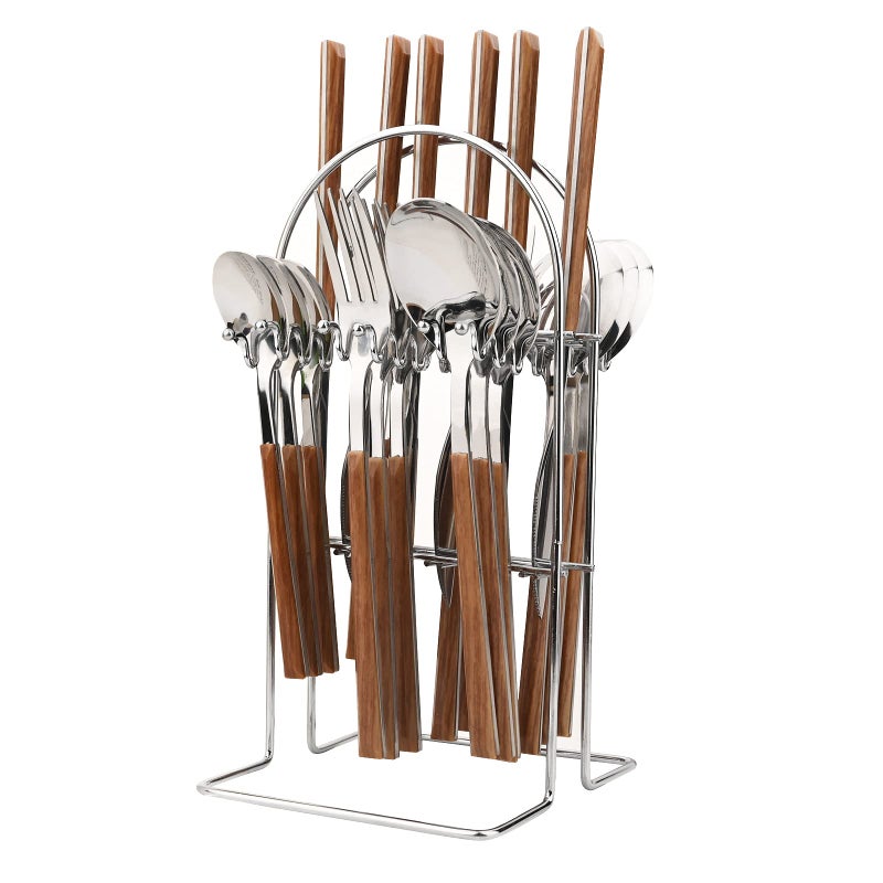 Snplowum Silverware Set 24 Piece Mirror Flatware Set With Stand Stainless Steel Utensils With Wooden Handle A Complete Cutlery Set For Most Families Service For 6