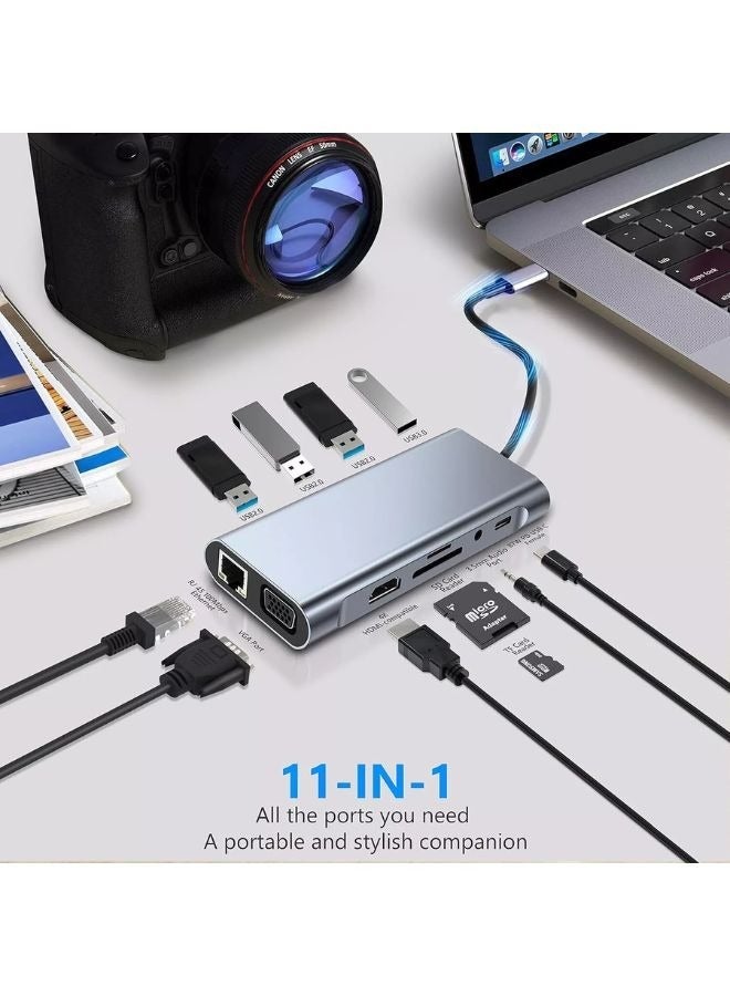 محول SMARTX 11 في 1 من USB-C متعدد المنافذ مع HDMI بدقة 4K وVGA وشحن PD وUSB 3.0 وقارئ SD/TF وصوت وإيثرنت لأجهزة الكمبيوتر المحمولة - Image 4