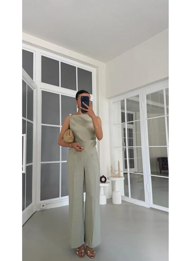 Light Green Gold Button-Detail Blouse & Pants Two-Piece Tencel Suit GAUS-01825