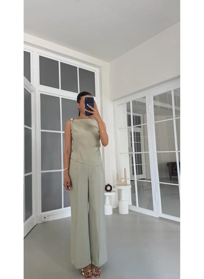 Gaus  Light Green Gold Button-Detail Blouse & Pants Two-Piece Tencel Suit GAUS-01825 for Women | Best Price UAE