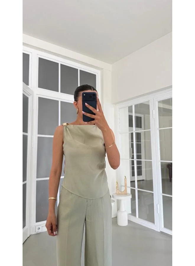 Gaus  Light Green Gold Button-Detail Blouse & Pants Two-Piece Tencel Suit GAUS-01825 for Women | Best Price UAE