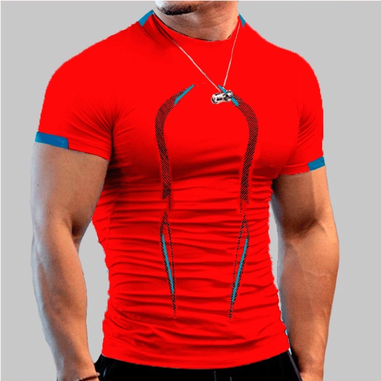 Summer men's fitness sports training breathable short-sleeved European size quick-drying clothes men's sports fashion short-sleeved T-shirt silk ribbonTibetan silk ribbon L