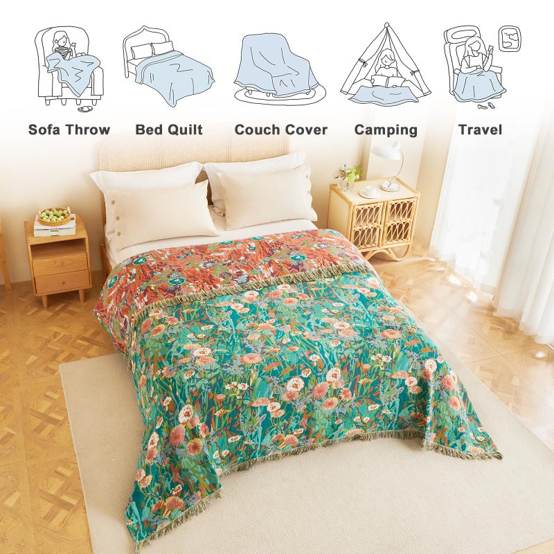 MSGKV Boho Throw Blanket 60"x80" Floral Blankets for Bed 100% Cotton Twin Size Couch Blanket Lightweight Farmhouse Muslin Spring Breathable Home Decor All Seasons - Image 5