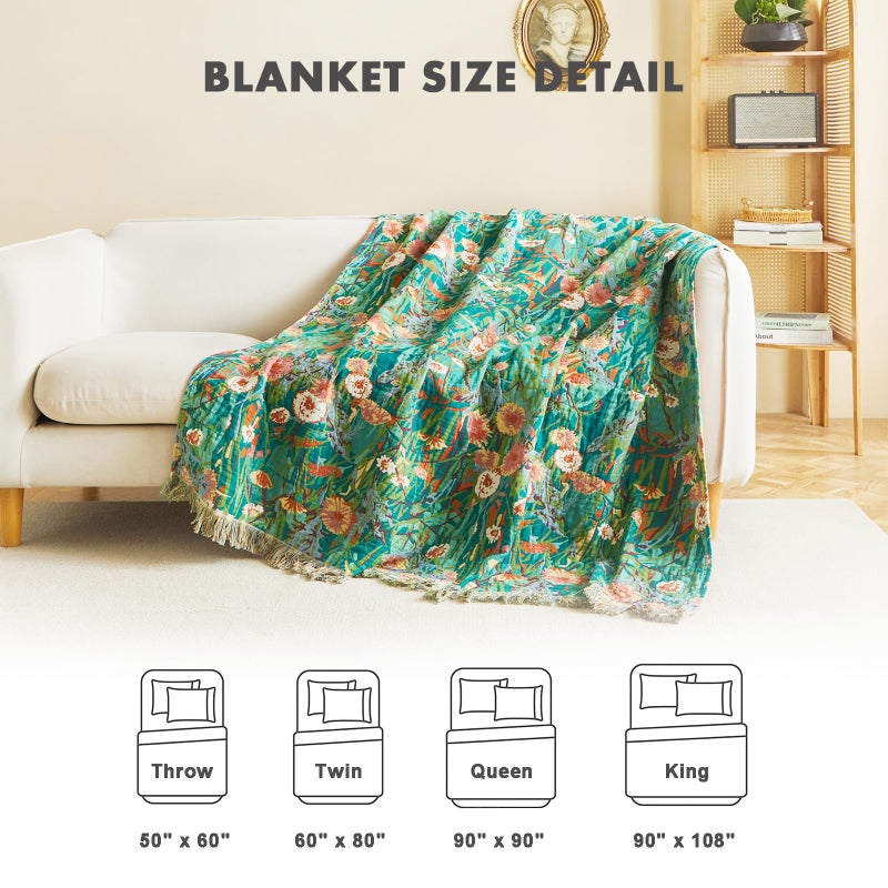 MSGKV Boho Throw Blanket 60"x80" Floral Blankets for Bed 100% Cotton Twin Size Couch Blanket Lightweight Farmhouse Muslin Spring Breathable Home Decor All Seasons - Image 4