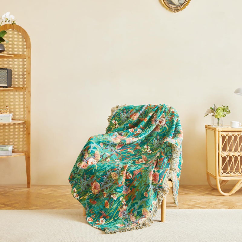 MSGKV Boho Throw Blanket 60"x80" Floral Blankets for Bed 100% Cotton Twin Size Couch Blanket Lightweight Farmhouse Muslin Spring Breathable Home Decor All Seasons - Image 2