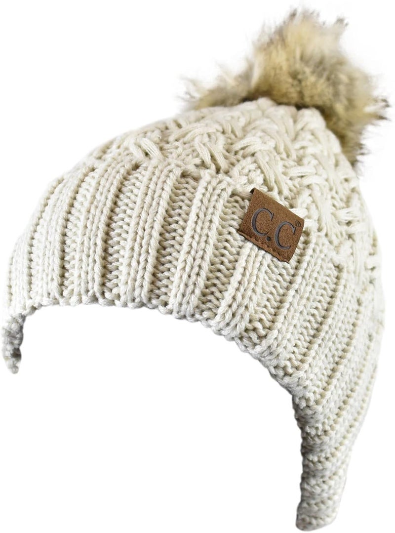 Cc Thick Cable Knit Faux Fuzzy Fur Pom Fleece Lined Skull Cap Cuff Beanie - Image 2