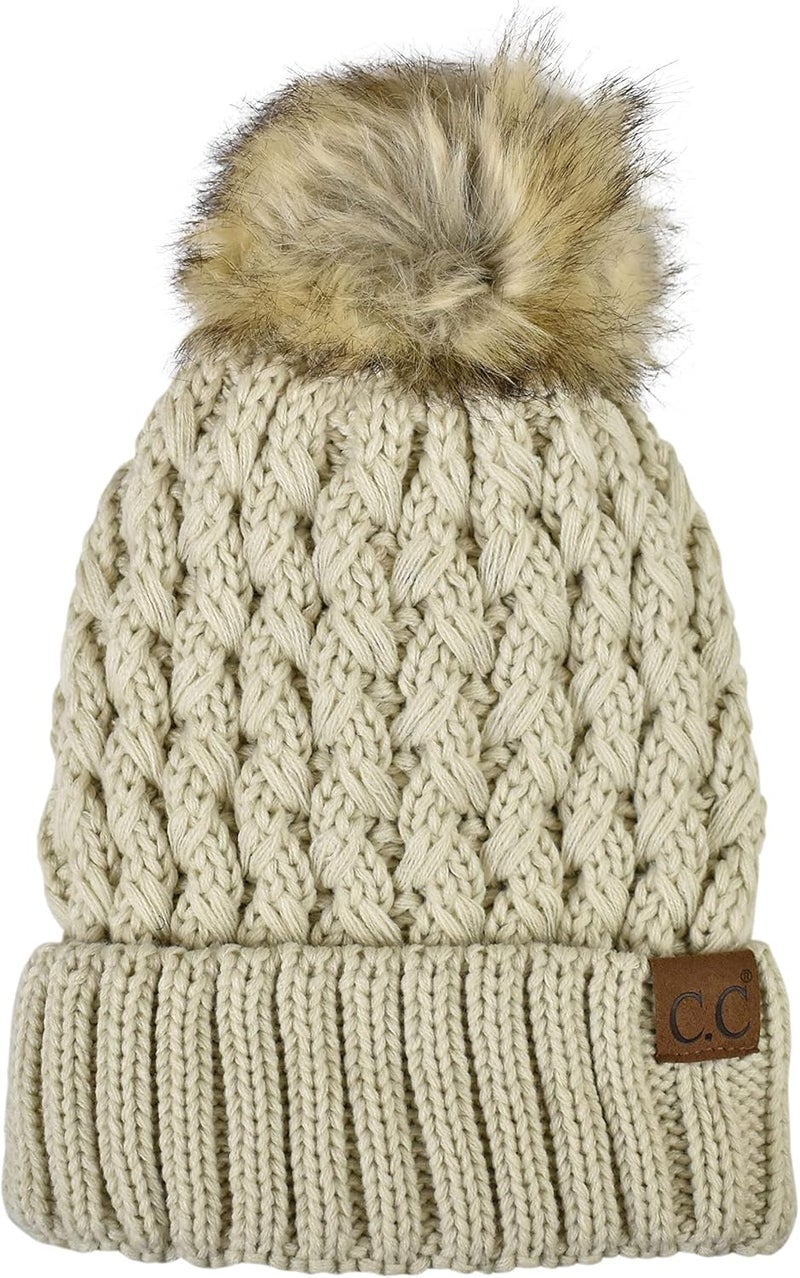 Cc Thick Cable Knit Faux Fuzzy Fur Pom Fleece Lined Skull Cap Cuff Beanie - Image 1