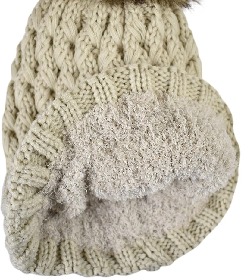Cc Thick Cable Knit Faux Fuzzy Fur Pom Fleece Lined Skull Cap Cuff Beanie - Image 4
