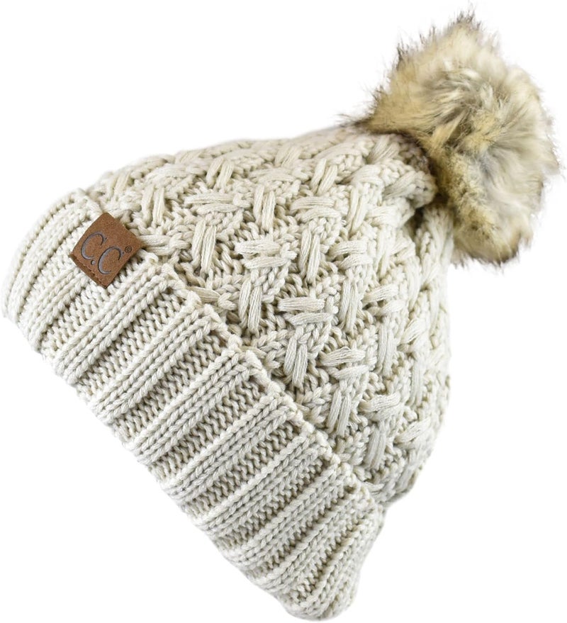 Cc Thick Cable Knit Faux Fuzzy Fur Pom Fleece Lined Skull Cap Cuff Beanie - Image 3