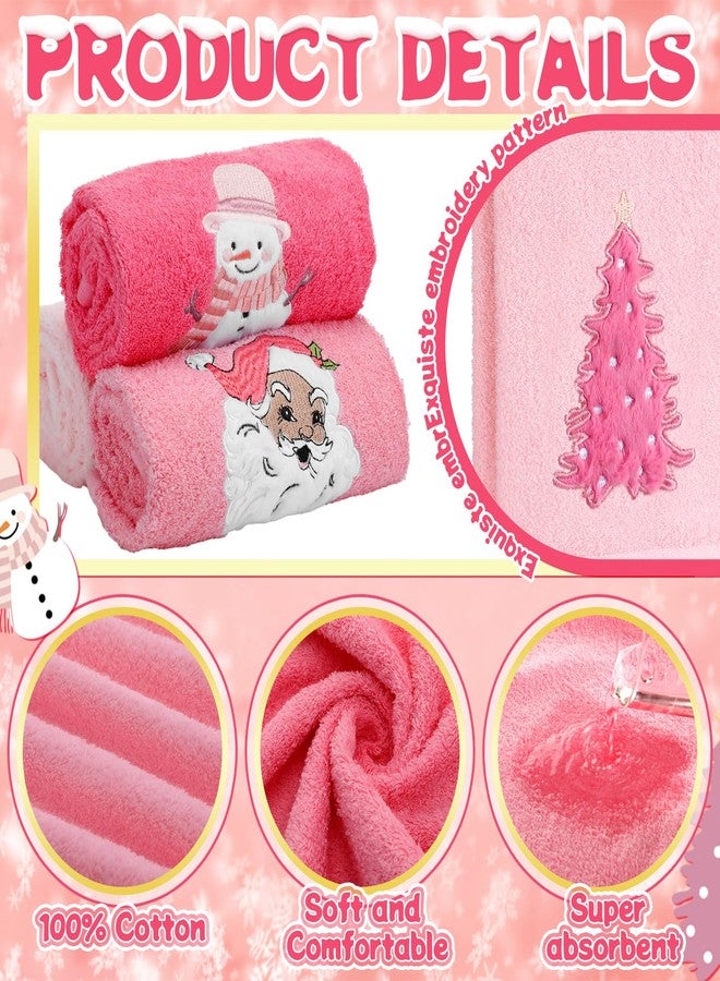 FuWeave 3 Pcs Christmas Hand Towels for Bathroom 13.7 x 29.5'' Embroidered Decorative Christmas Towels 100% Cotton Soft Absorbent Xmas Kitchen Hand Cloth for Winter Drying Cleaning Gift(Pink,Santa Claus) - Image 3