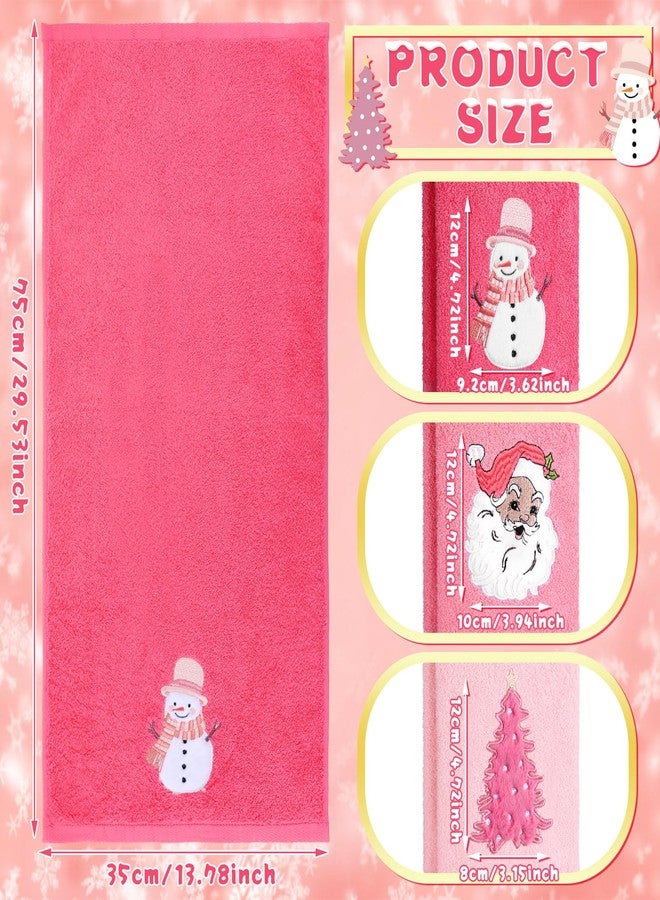 FuWeave 3 Pcs Christmas Hand Towels for Bathroom 13.7 x 29.5'' Embroidered Decorative Christmas Towels 100% Cotton Soft Absorbent Xmas Kitchen Hand Cloth for Winter Drying Cleaning Gift(Pink,Santa Claus) - Image 2