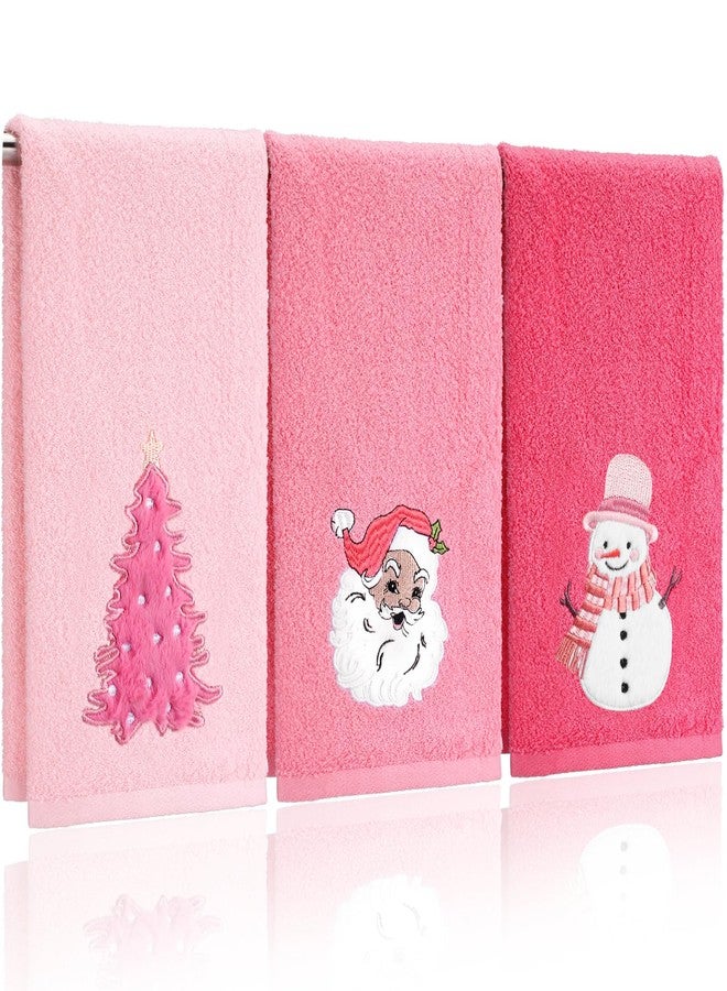 FuWeave 3 Pcs Christmas Hand Towels for Bathroom 13.7 x 29.5'' Embroidered Decorative Christmas Towels 100% Cotton Soft Absorbent Xmas Kitchen Hand Cloth for Winter Drying Cleaning Gift(Pink,Santa Claus) - Image 1