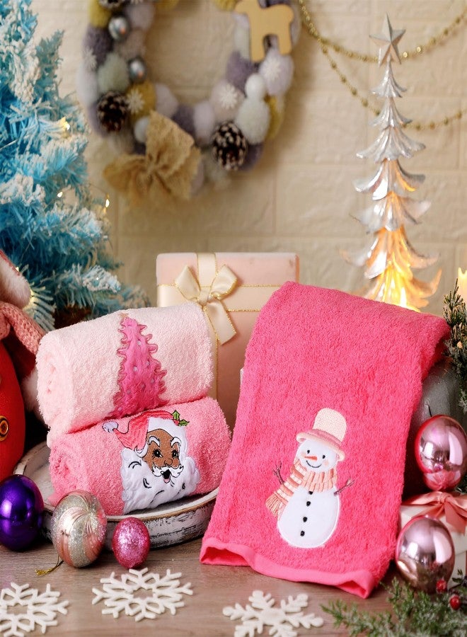 FuWeave 3 Pcs Christmas Hand Towels for Bathroom 13.7 x 29.5'' Embroidered Decorative Christmas Towels 100% Cotton Soft Absorbent Xmas Kitchen Hand Cloth for Winter Drying Cleaning Gift(Pink,Santa Claus) - Image 4