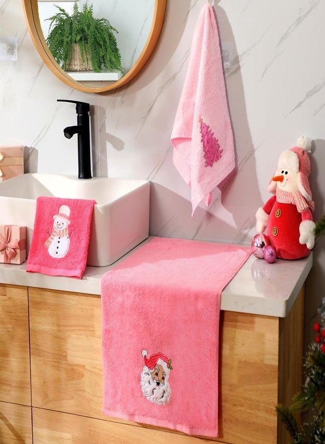 FuWeave 3 Pcs Christmas Hand Towels for Bathroom 13.7 x 29.5'' Embroidered Decorative Christmas Towels 100% Cotton Soft Absorbent Xmas Kitchen Hand Cloth for Winter Drying Cleaning Gift(Pink,Santa Claus) - Image 5