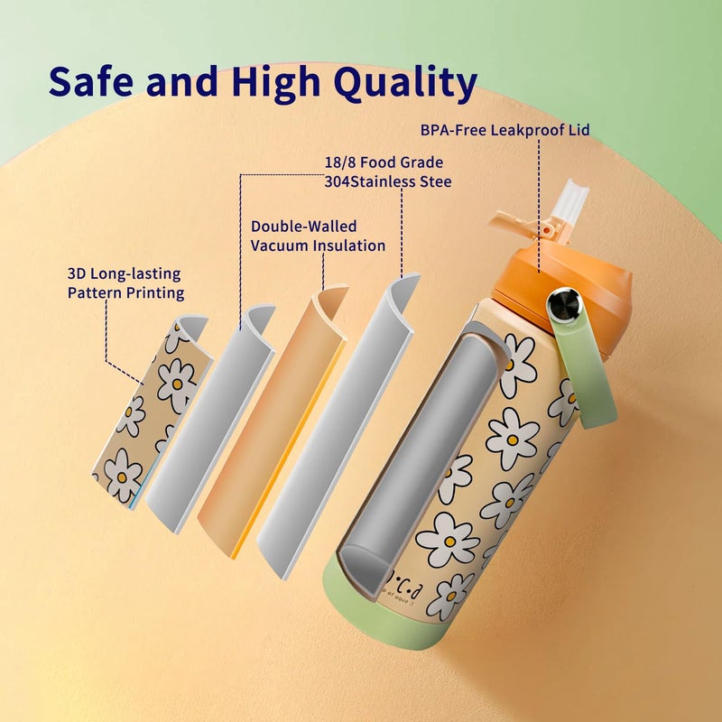 Moca Cute Insulated Stainless Steel Sipper Water Bottle for Girls Teens (550ml) – BPA Free, Leak-Proof, for School, Travel & Gifting (Lilies) - Image 1