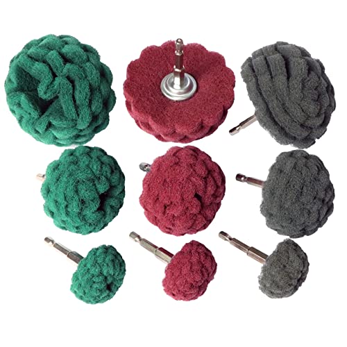 Hiqalty 9PCS Scouring Pads Abrasive Buffing Polishing Wheel Drill Attachment Set Non Woven Wheel Polishing Kit for DrillPower Scrubber Drill Polishing KitGreen red Gray 14 Shank - Image 1