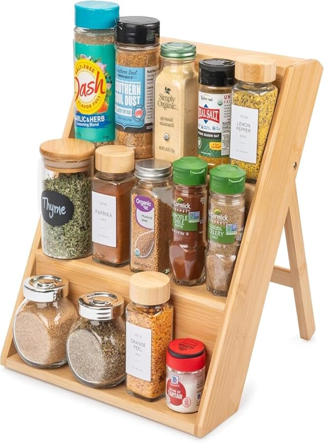 Spaceshoop Bamboo Spice Rack Organizer for Kitchen Countertop (No Jars Included) – Sturdy 3-Tier Wooden Shelf, 11"D x 11.61"W x 14"H, Foldable Storage with Non-Slip Base