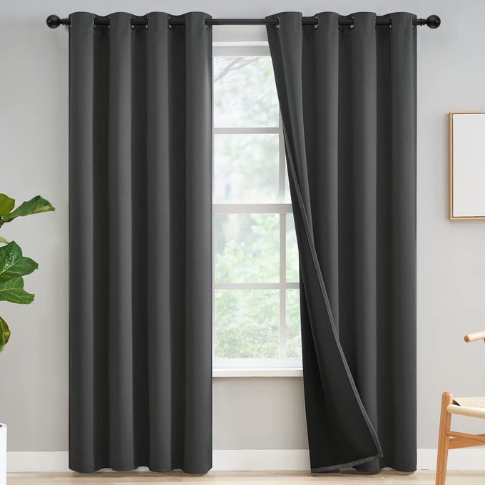 GREY BLACKOUT CURTAINS 84 INCH LENGTH 2 PANELS SET 100 BLACKOUT CURTAINS FOR BEDROOM WITH BLACK BACKING FULL ROOM DARKENING NOISE REDUCING GROMMET CURTAIN W52 X L84 INCH DARK GREY