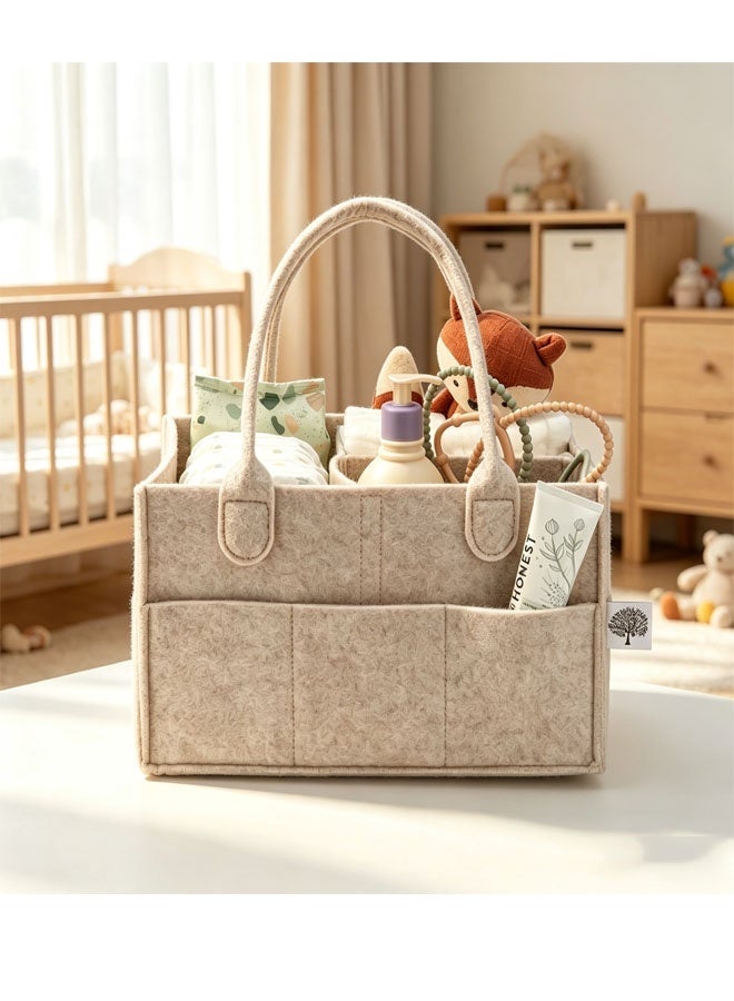 Bukela Diaper Caddy Organizer - Large, Oatmeal | Portable nursery storage bin for diapers, wipes, bottles & baby essentials in home/car. Soft felt, foldable design 16x10x7"