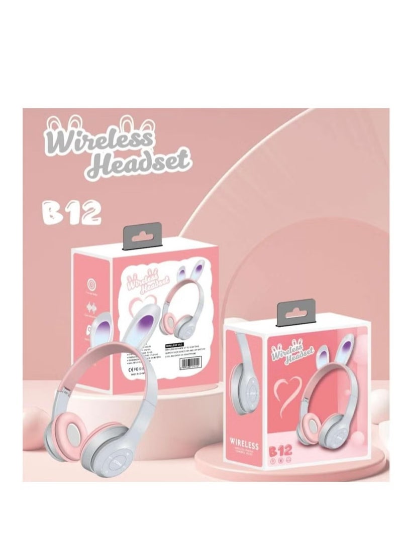 Rabbit Ear Headphone B12 New Wireless Cute Bluetooth Earphone With LED Light Grey  - Image 4