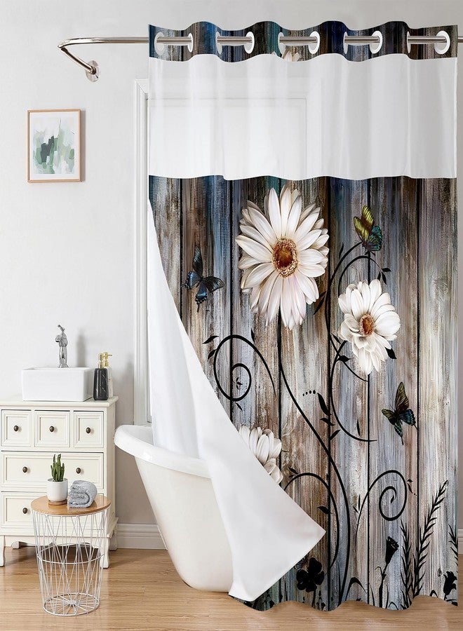 mamrug No Hook Shower Curtain Set with Snap-in Fabric Liner,Rustic Farmhouse Daisy Floral Flowers Without Hook Shower Curtain with Transparent Mesh Top Window for Bathroom Waterproof Washable 71"x74" - Image 1