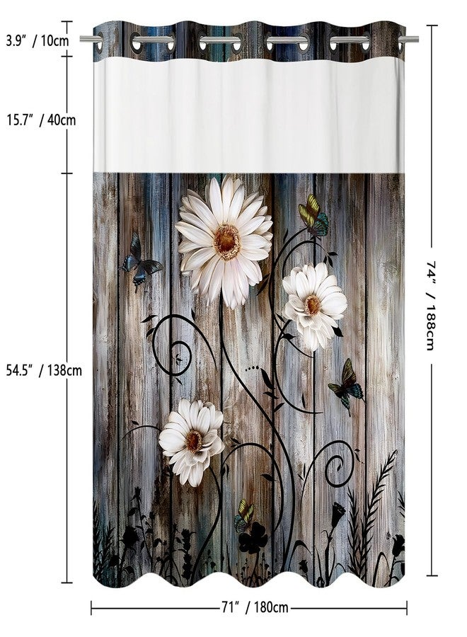 mamrug No Hook Shower Curtain Set with Snap-in Fabric Liner,Rustic Farmhouse Daisy Floral Flowers Without Hook Shower Curtain with Transparent Mesh Top Window for Bathroom Waterproof Washable 71"x74" - Image 2