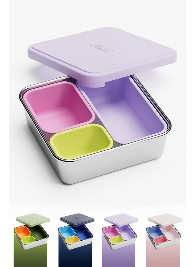 BEOLA Stainless Steel Snack Box, 3 Silicone Compartments, BPA Free, Leakproof Bento Box Snack Container f, Ideal for School, Picnic & Everyday Use (Purple) - Image 1