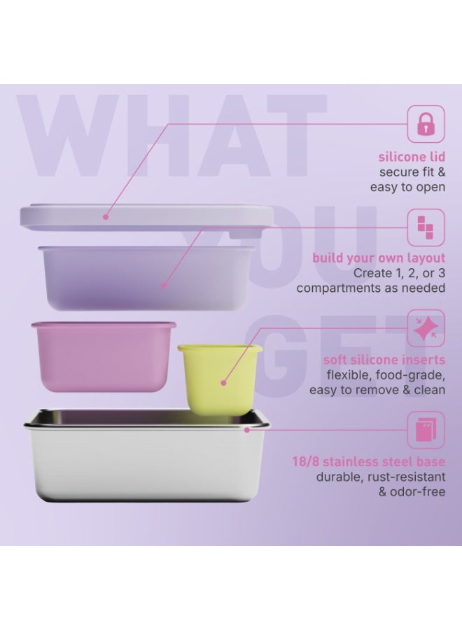 BEOLA Stainless Steel Snack Box, 3 Silicone Compartments, BPA Free, Leakproof Bento Box Snack Container f, Ideal for School, Picnic & Everyday Use (Purple) - Image 2