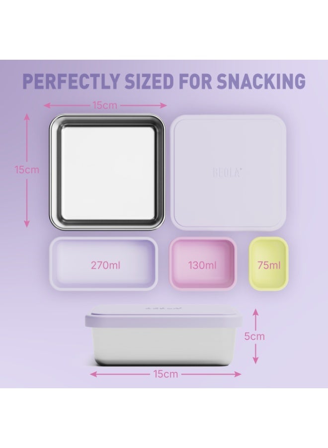 BEOLA Stainless Steel Snack Box, 3 Silicone Compartments, BPA Free, Leakproof Bento Box Snack Container f, Ideal for School, Picnic & Everyday Use (Purple) - Image 3
