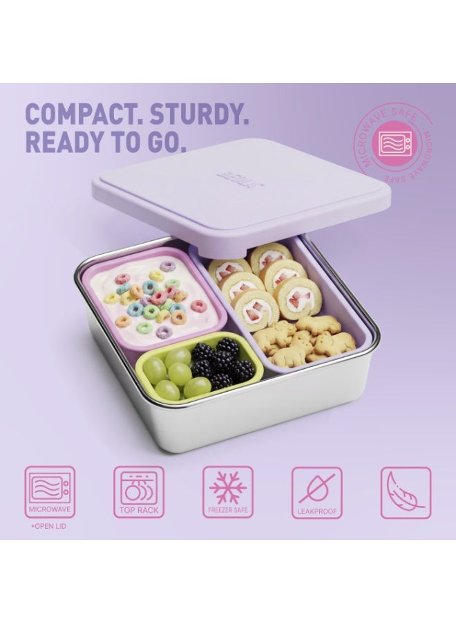 BEOLA Stainless Steel Snack Box, 3 Silicone Compartments, BPA Free, Leakproof Bento Box Snack Container f, Ideal for School, Picnic & Everyday Use (Purple) - Image 4