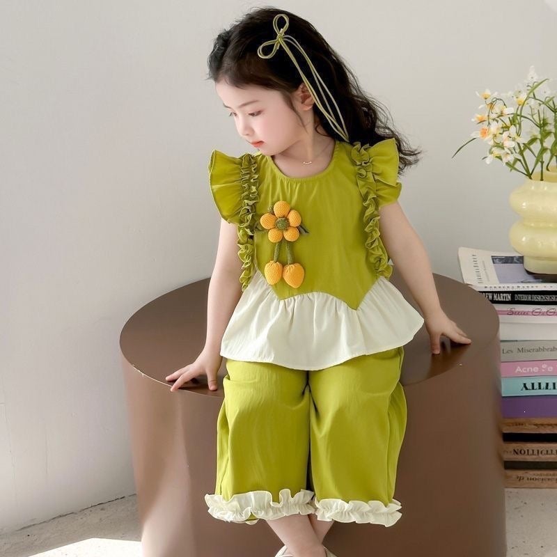 Girls'' Summer Outfit New Fashion Casual Stylish Trendy Forest Style Children''s Summer Korean Two-Piece Set - Image 1