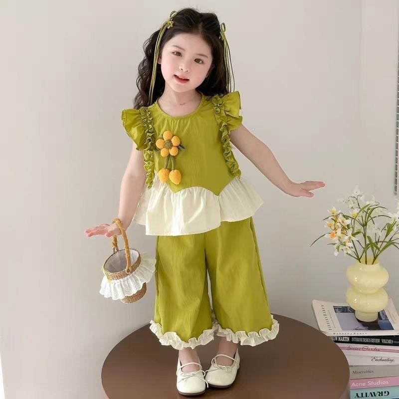 Girls'' Summer Outfit New Fashion Casual Stylish Trendy Forest Style Children''s Summer Korean Two-Piece Set - Image 3