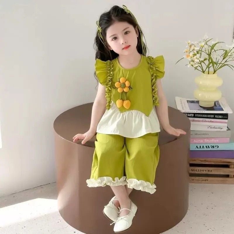 Girls'' Summer Outfit New Fashion Casual Stylish Trendy Forest Style Children''s Summer Korean Two-Piece Set - Image 4